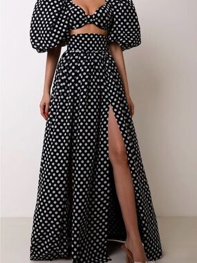 Polka Dot High-Slit Maxi set- Black/White